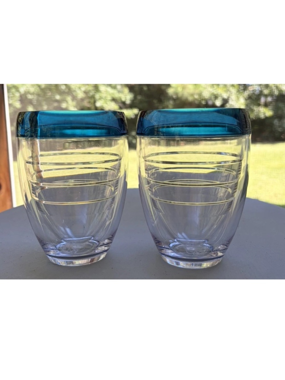 2 Tervis stemless wine glasses clear with blue rim